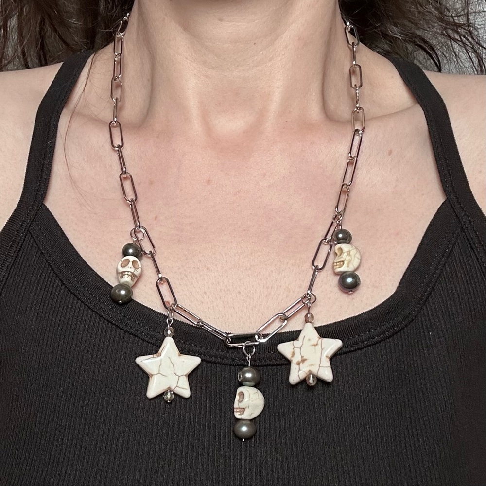 Necklace Skull and Star with fresh water black pearl necklace handmade